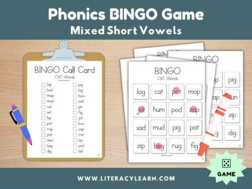 Cover photo for mixed short vowel words Bingo game.