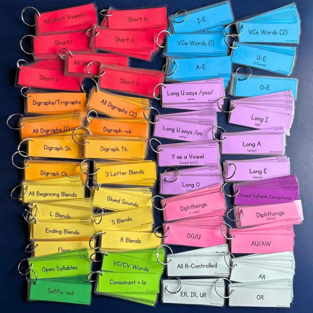 Printed colorful decodable sentence strips for all phonics skills.