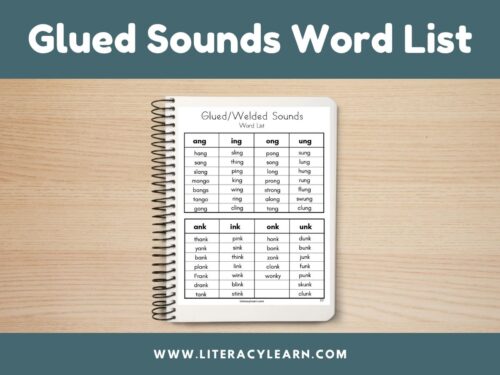 Cover titled "Glued Sounds Word List" with notebook and picture of word list.