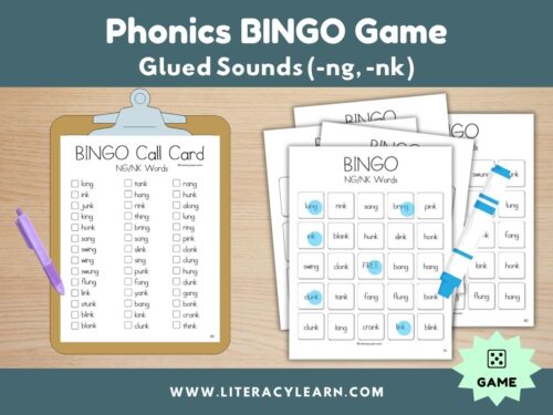 Graphic showing bingo game for glued sounds.