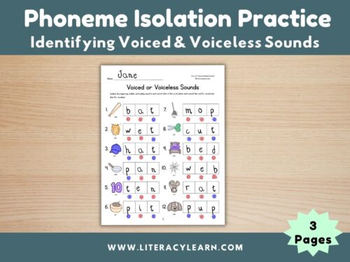 Graphic showing phoneme isolation worksheets.