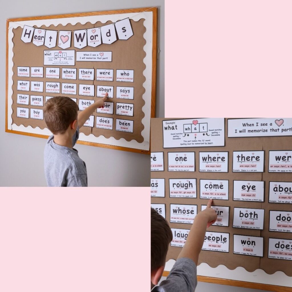 Collage of a heart words wall displayed in a class with a student.