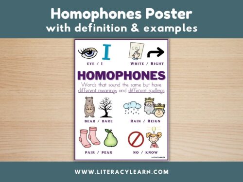 Graphic titled, "Homophones Poster with definition and examples."