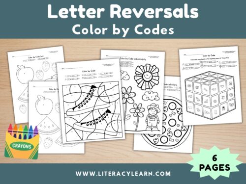 Graphic titled, "Letter Reversals Color by Code Worksheets."