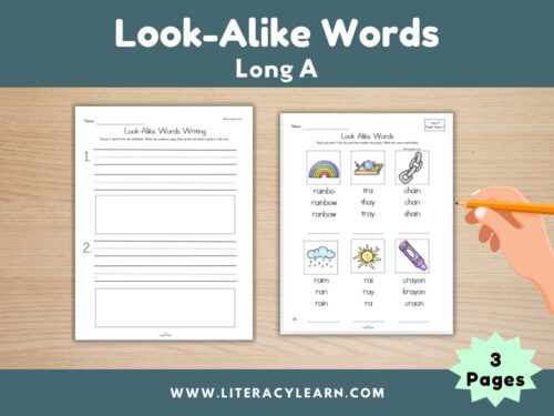 Graphic showing look alike word worksheets for long a words.