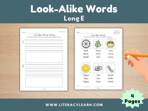 Graphic showing long E look-alike word worksheets.