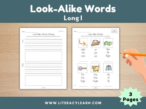 Graphic showing long i worksheets for look-alike words.