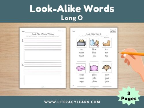 Graphic showing look alike word worksheets for long O words.