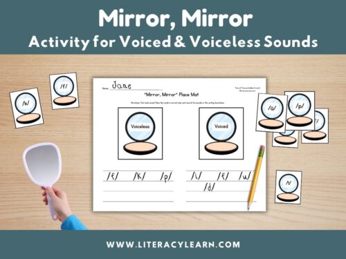 Graphic showing mirror, mirror game for identifying voiced/voiceless sounds.