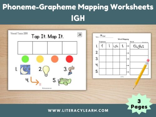 Graphic showing igh word mapping worksheets.