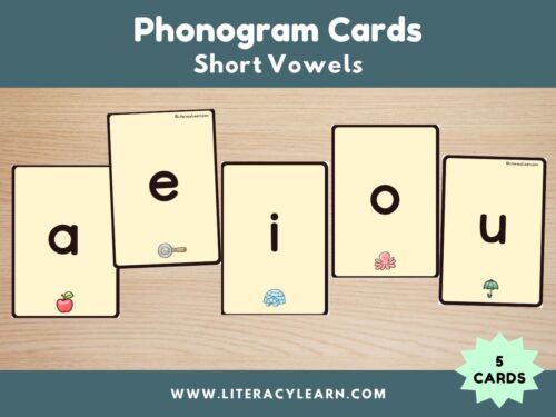 Graphic titled, "Phonogram Cards: Short Vowels."