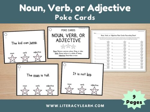 Graphic titled, "Noun, Verb, or Adjective: Poke Cards."