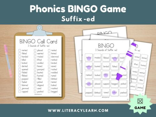 Graphic showing Phonics bingo game for words with suffix -ed.