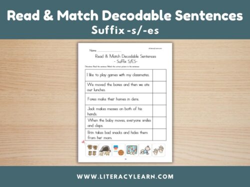 Cover photo for suffix -s/-es decodable read and match worksheet.