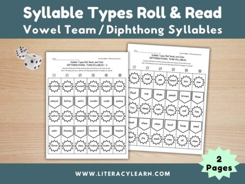Graphic titled, "Syllable Types Roll & Read: Vowel Team/Diphthong Syllables."
