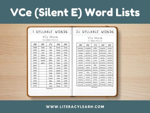 Cover titled "VCe Word Lists" with notebook and picture of word list.
