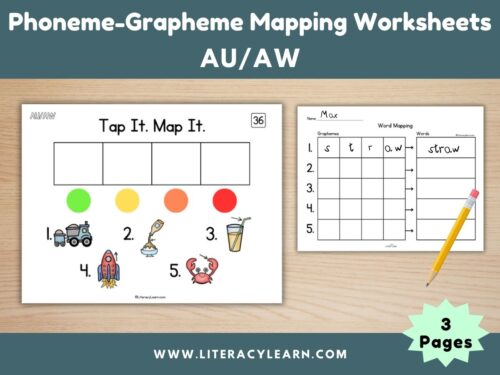 Graphic showing phoneme-grapheme word mapping for au/aw words.