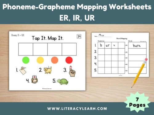 Cover showing phoneme-grapheme worksheets with er, ir, ur worksheets.