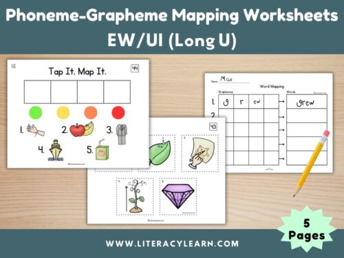 Graphic showing long u word mapping worksheets: ew/ui.