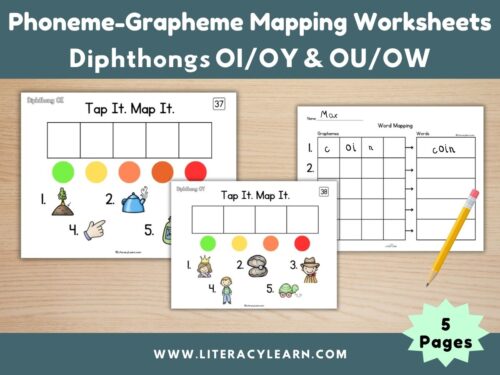 Graphic showing diphthong worksheets for phoneme/grapheme mapping.