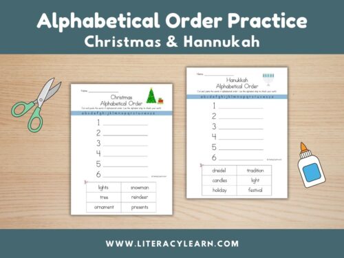Graphic titled, "Alphabetical Order Practice: Christmas & Hannukah."