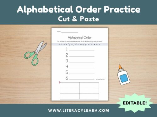 Graphic titled, "Alphabetical Order Practice: Cut & Paste - Editable."