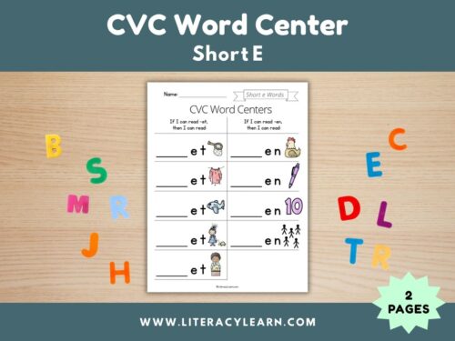 Cover showing short E word center with worksheet and letters.
