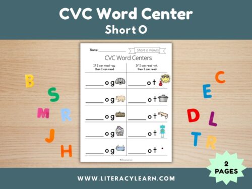 Cover showing short O word center with worksheet and letters.