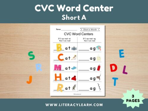 Cover showing short A word center with worksheet and letters.