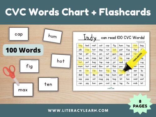 Cover graphic showing CVC word flashcards and chart.