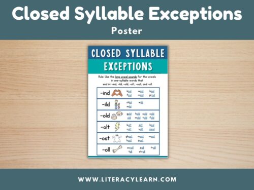 Cover graphic showing closed syllable exception phonics poster.