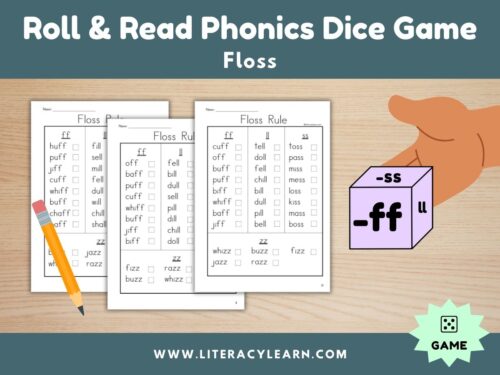Cover graphic for floss phonics dice roll and read.