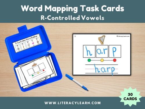 Graphic showing word mapping task cards for r-controlled vowels with picture of product and task card box.