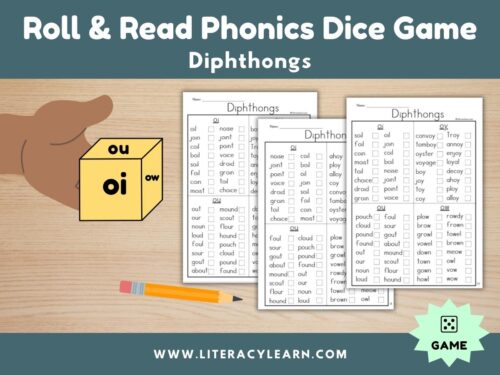 Cover graphic for diphthongs phonics dice roll and read.