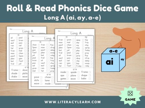Cover graphic for long a phonics dice roll and read.