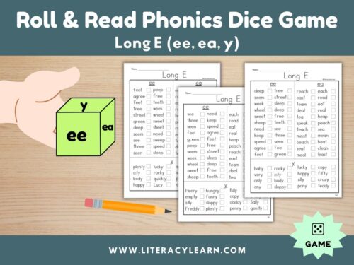 Cover graphic for long e phonics dice roll and read.