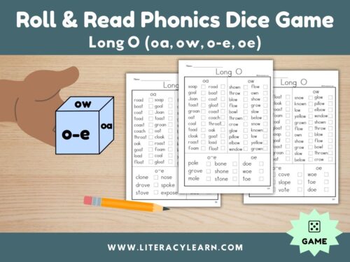 Cover graphic for long o phonics dice roll and read.