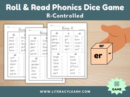 Cover graphic for r-controlled phonics dice roll and read.
