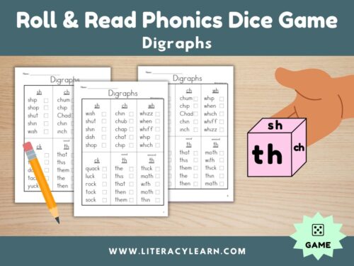 Cover graphic for digraphs phonics dice roll and read.