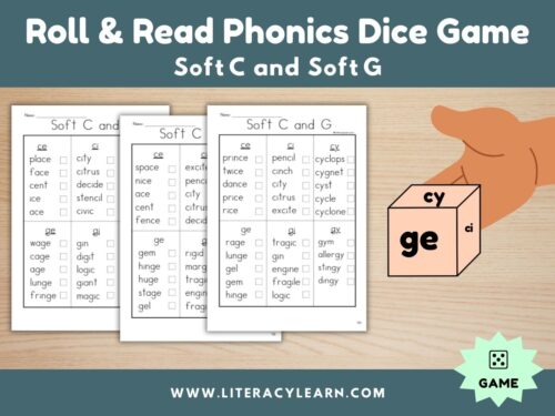 Cover graphic for soft c and g phonics dice roll and read.