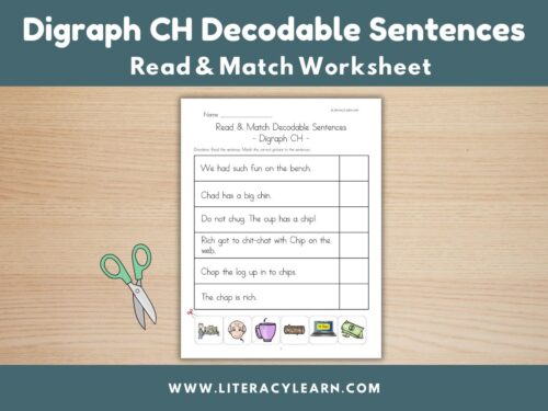 Graphic titled, "Digraph CH Decodable Sentences Read & Match Worksheet."