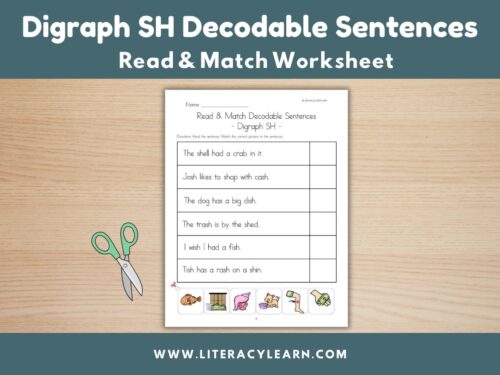 Graphic titled, "Digraph SH Decodable Sentences Read & Match Worksheet."