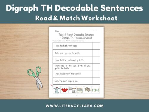 Graphic titled, "Digraph TH Decodable Sentences Read & Match Worksheet."