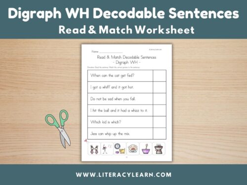 Graphic titled, "Digraph WH Decodable Sentences Read & Match Worksheet."