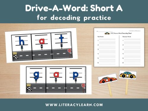 Graphic titled, "Drive-A-Word: Short A for decoding Practice."