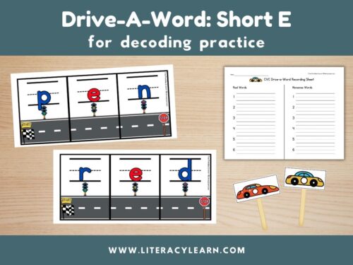Graphic titled, "Drive-A-Word: Short E for decoding Practice."