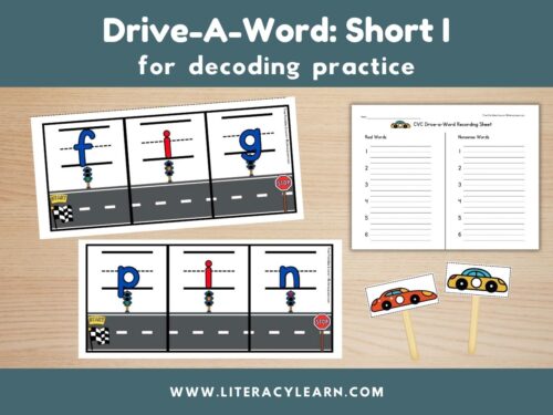Graphic titled, "Drive-A-Word: Short I for decoding Practice."