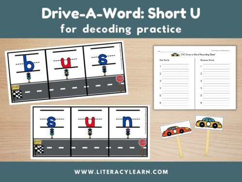 Graphic titled, "Drive-A-Word: Short U for decoding Practice."
