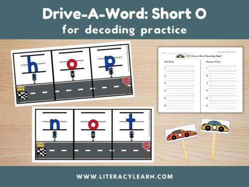 Graphic titled, "Drive-A-Word: Short O for decoding Practice."