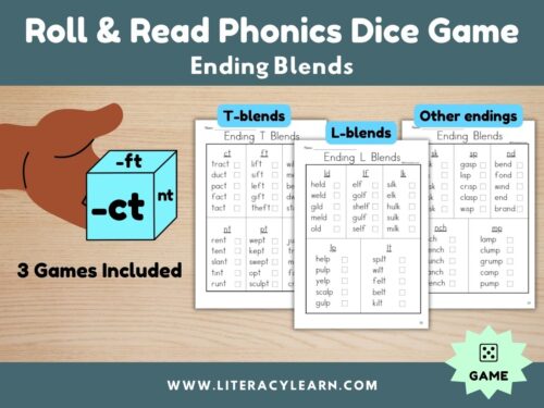Cover graphic for ending blends phonics dice roll and read.